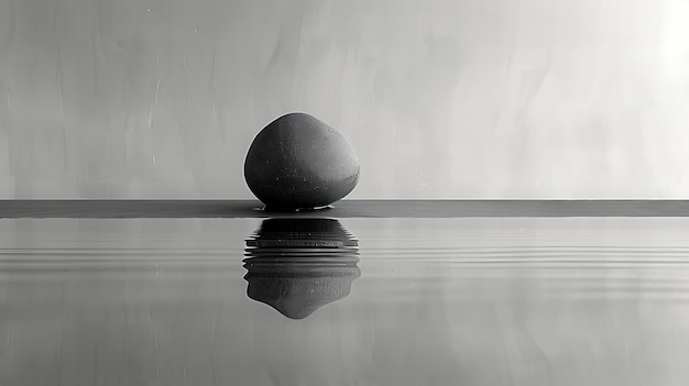 Photo a black stone sculpture sits in front of a wall with a reflection of a rock