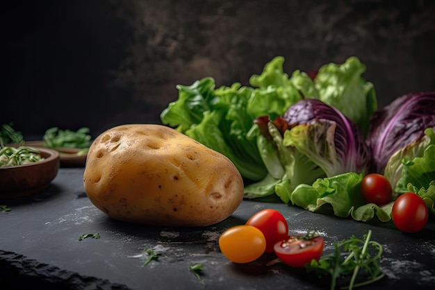 A black stone surface with a pile of vegetables and a potato on it