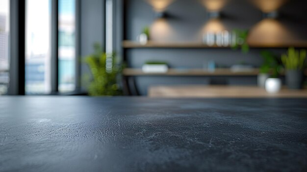 Photo black stone table top and blurred bokeh office