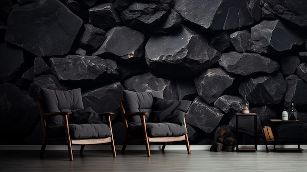 black stone wall and armchair in interior Generative AI