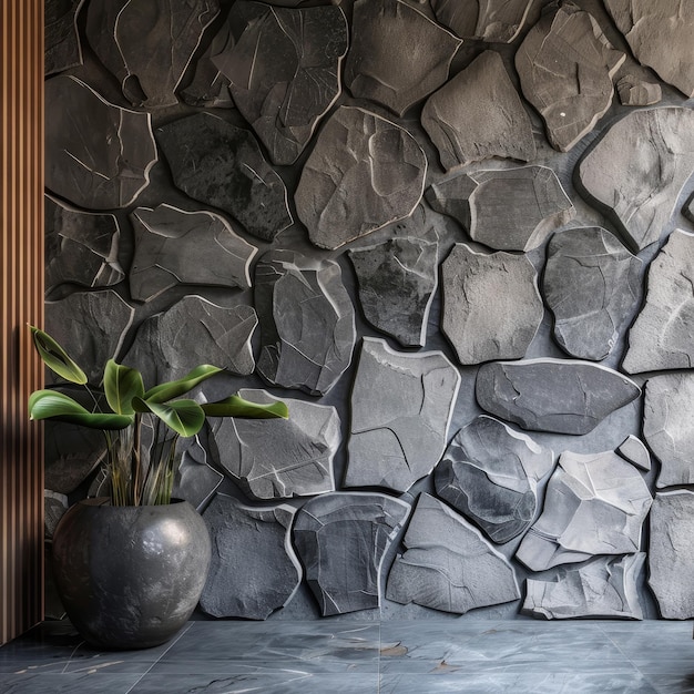 Photo black stone wall with plant in vase modern interior design