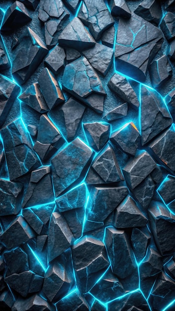 Photo black stone wallpaper featuring irregular fragments with glowing blue accents generative ai