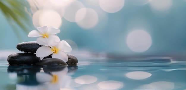 Photo black stones stacked with white flowers beside water in serene environment