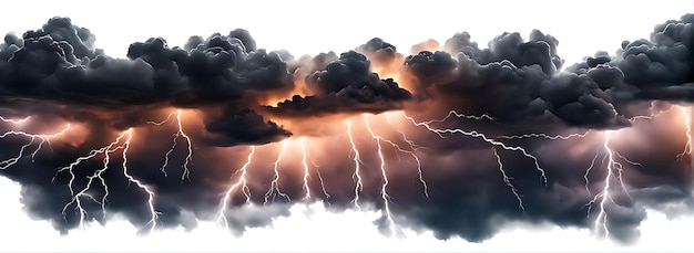 Black storm clouds with lightnings and smoke isolated on white background