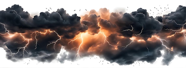 Black storm clouds with lightnings and smoke isolated on white background