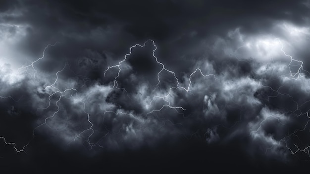 Black stormy clouds with swirling smoke vibrant lightning bolts isolated on a transparent background highly detailed dynamic motion realistic textures high resolution suitable for dramatic