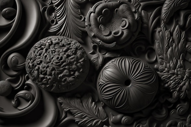 Black stylish background with ornament and patterns plasticine texture