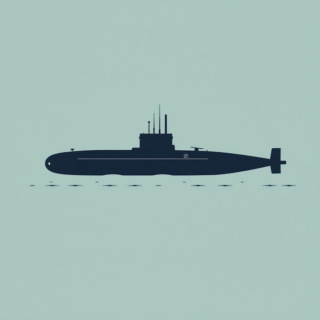 a black submarine is on the water and has a blue background