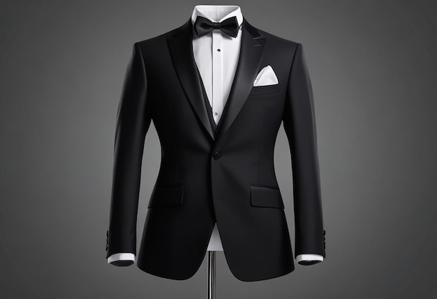 a black suit with a white bow tie and a white shirt