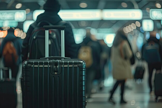 A black suitcase against a background of blurry people at the airport