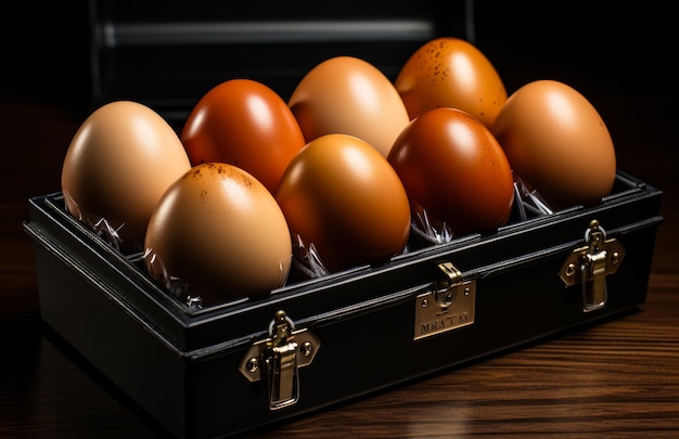 A black suitcase filled with brown eggs on top of a wooden table