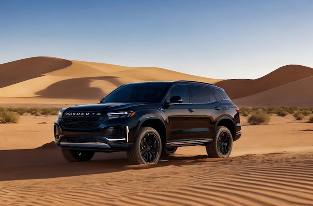 A black SUV with chrome accents parked in a sun drenched desert landscape