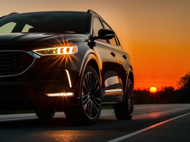 a black suv with a sun setting behind it