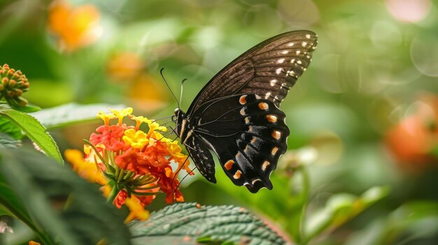 Black Swallowtail Butterfly Feeding on Lantana Flowers