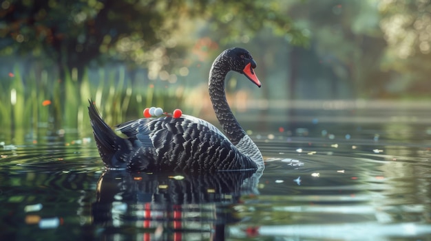 Black Swan Swimming Gracefully in a Serene Pond