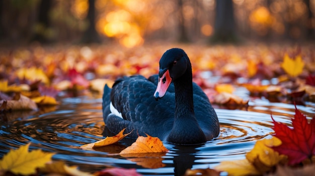 Photo black swan swimming on the water surrounded by fallen leaves in warm autumn hues