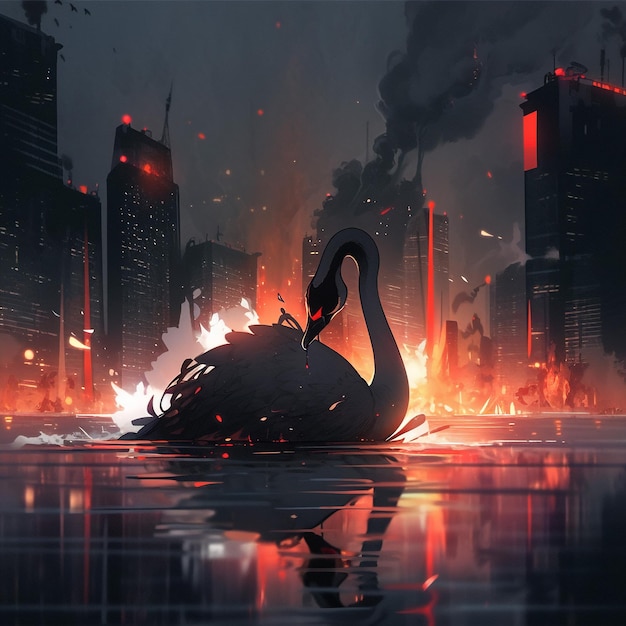 a black swan with red eyes swimming in a sea by night falls