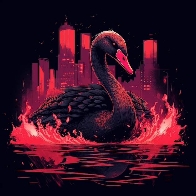 a black swan with red eyes swimming in a sea by night falls