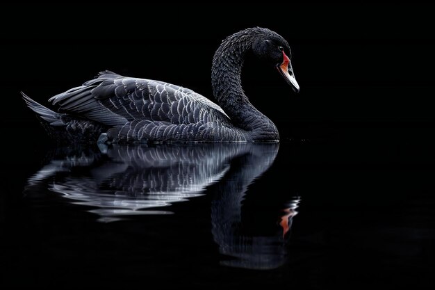 Black swan with reflection on water isolated over black background wide angle lens realistic photog