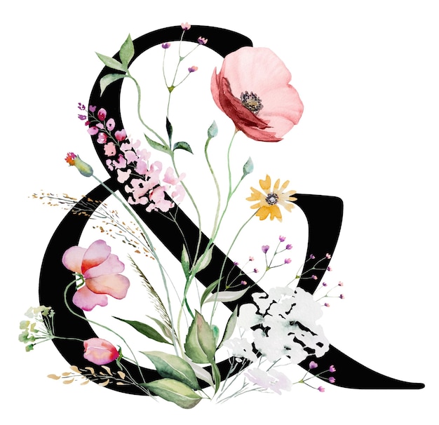 Black symbol ampersand with watercolor wildflowers and leaves isolated wedding element