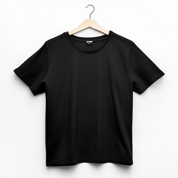 a black t - shirt hangs on a hanger with a tag that says t - shirt