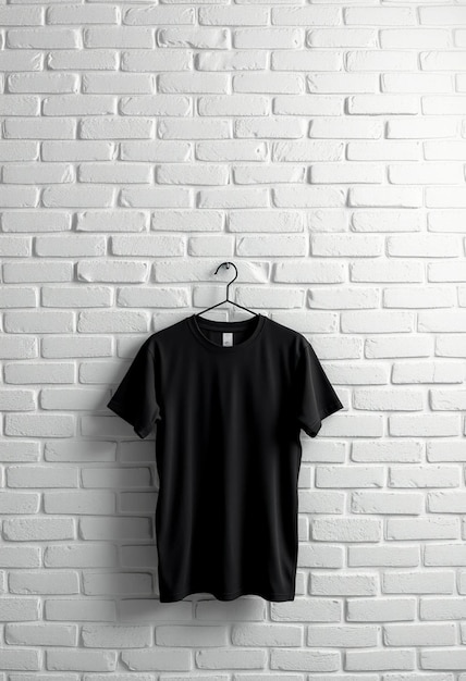 a black t shirt hangs on a hanger with a white brick wall