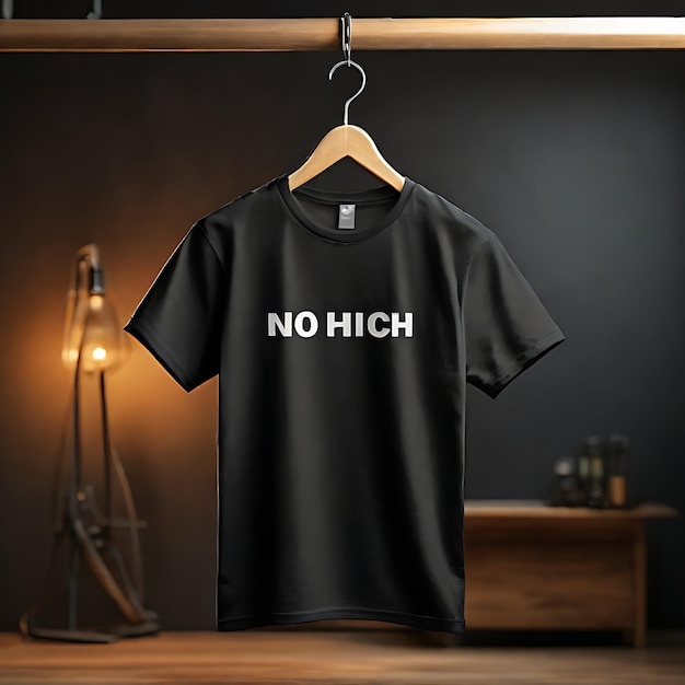 A black t shirt is hanging on a hanger with the word dope on it