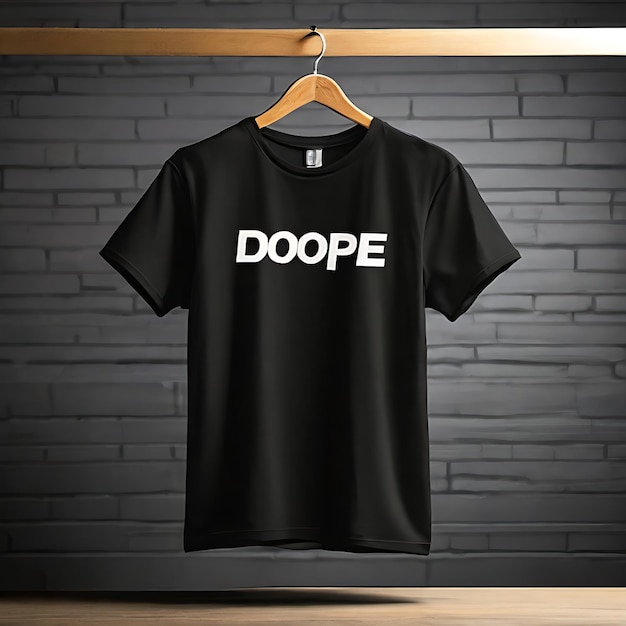 A black t shirt is hanging on a hanger with the word dope on it