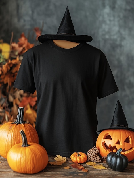 black t shirt mockup on halloween background