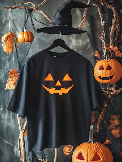 black t shirt mockup on halloween background