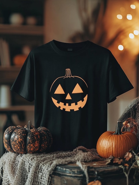 black t shirt mockup on halloween background