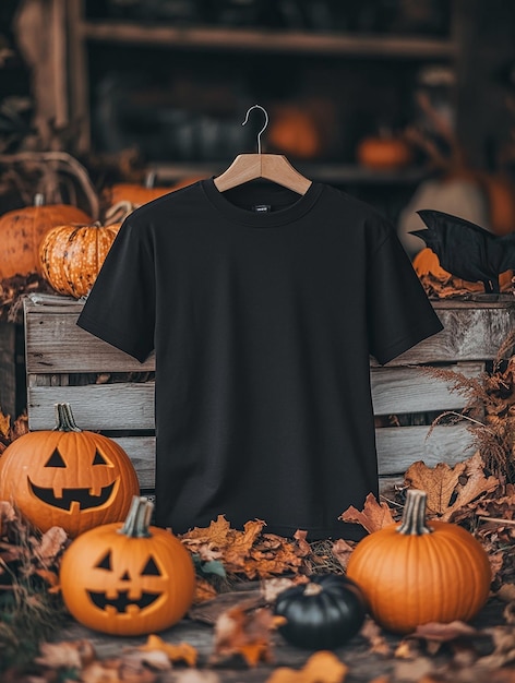 black t shirt mockup on halloween background