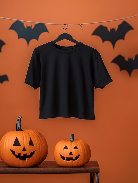 black t shirt mockup on halloween background