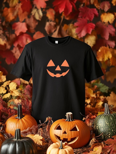 Photo black t shirt mockup on halloween background