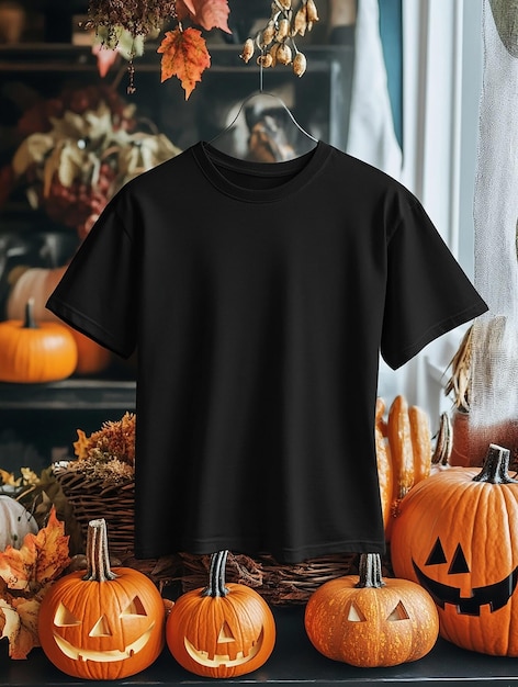 black t shirt mockup on halloween background