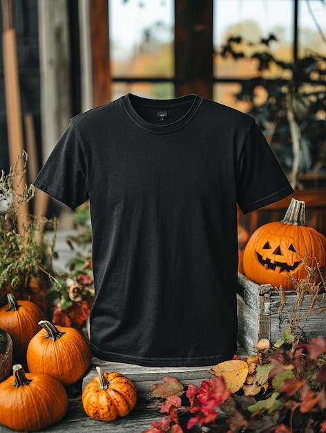 black t shirt mockup on halloween background