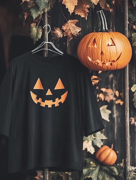 black t shirt mockup on halloween background