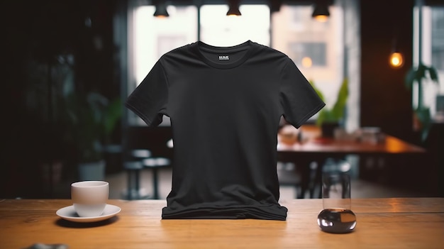 Photo black t shirt on the table for mockup blank t shirt