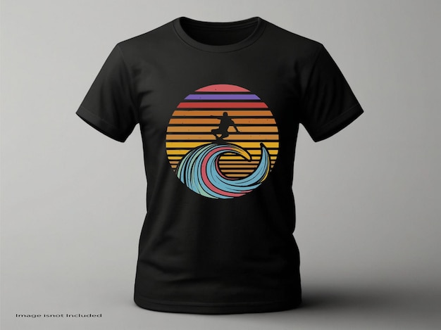 a black t shirt with a colorful image of a surfer on it