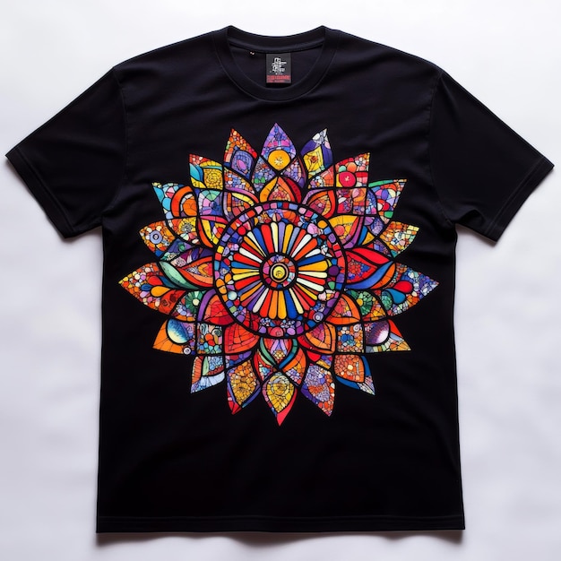 Photo black t shirt with colorful mandala design