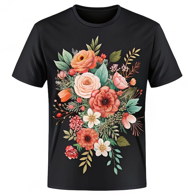 a black t shirt with flowers on it is displayed on a white background