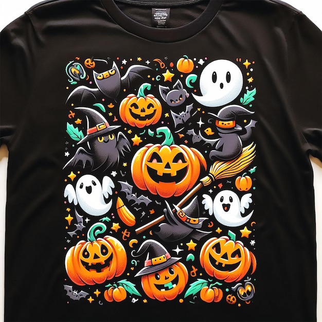 a black t shirt with halloween pumpkins on it