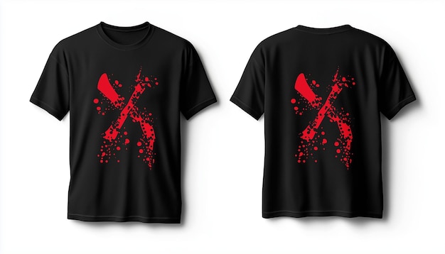 a black t - shirt with red spots on the front