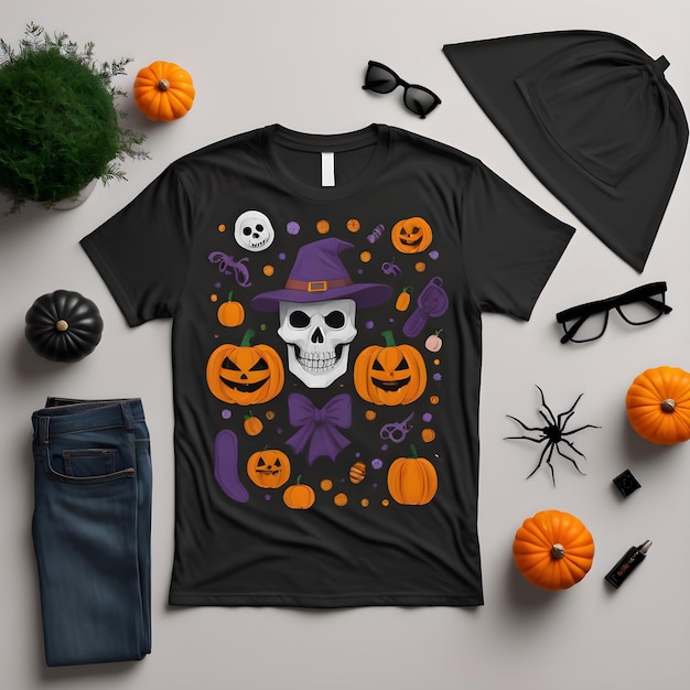 Photo a black t shirt with a skull and pumpkins on it