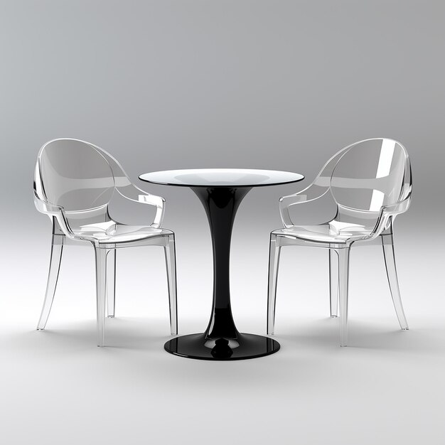 a black table and chairs with a white table and chairs