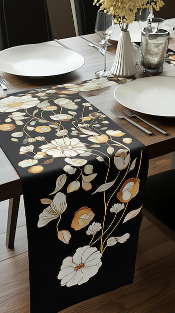 Black Table Runner with Gold and White Floral Design