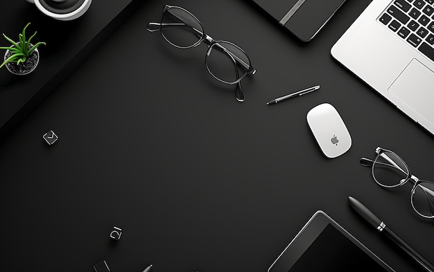 a black table with glasses a pen and a pair of glasses on it