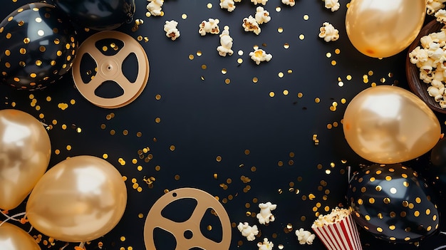 Photo a black table with popcorn and popcorn and a black background