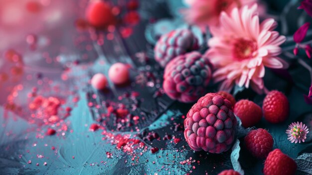 a black table with raspberries and purple berries