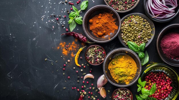 Photo a black table with spices and herbs on it